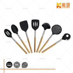 Eco-Friendly Nylon Kitchen Utensil Set with Natural Beech Wood Handle, BPA-Free Cooking Tools for Sustainable Kitchen